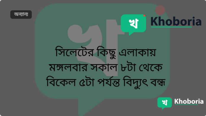সিলেটের কিছু এলাকায় মঙ্গলবার সকাল ৮টা থেকে বিকেল ৫টা পর্যন্ত বিদ্যুৎ বন্ধ
